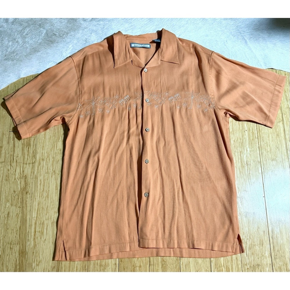 Monte Carlo Orange‎ Button Up Men Size Large Embroidered Palm Trees Tropical